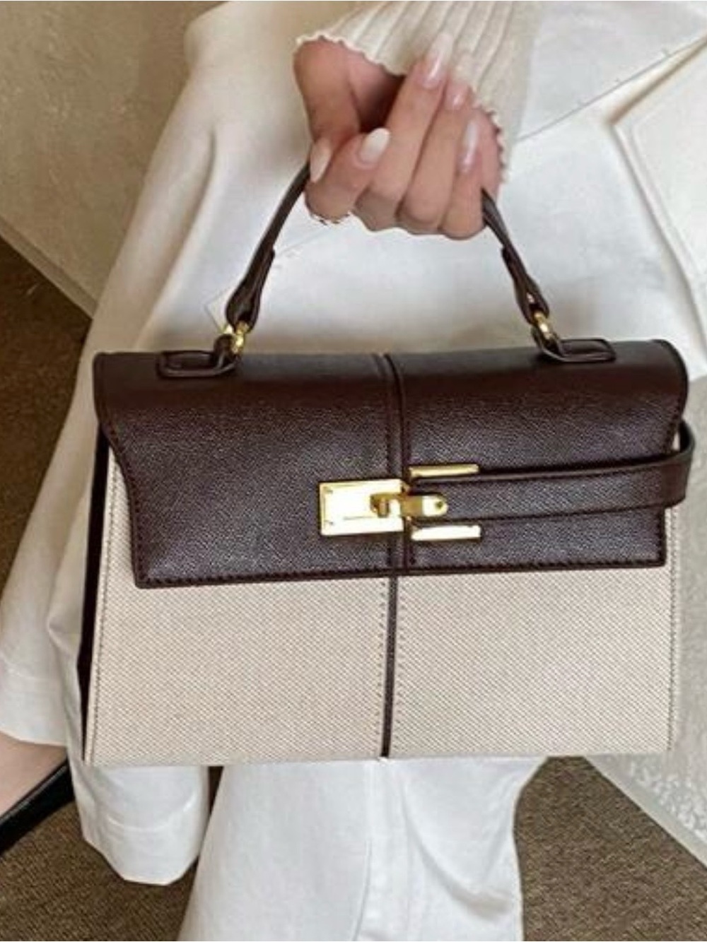 Two-Tone Brown & Cream Top-Handle Women's Bag